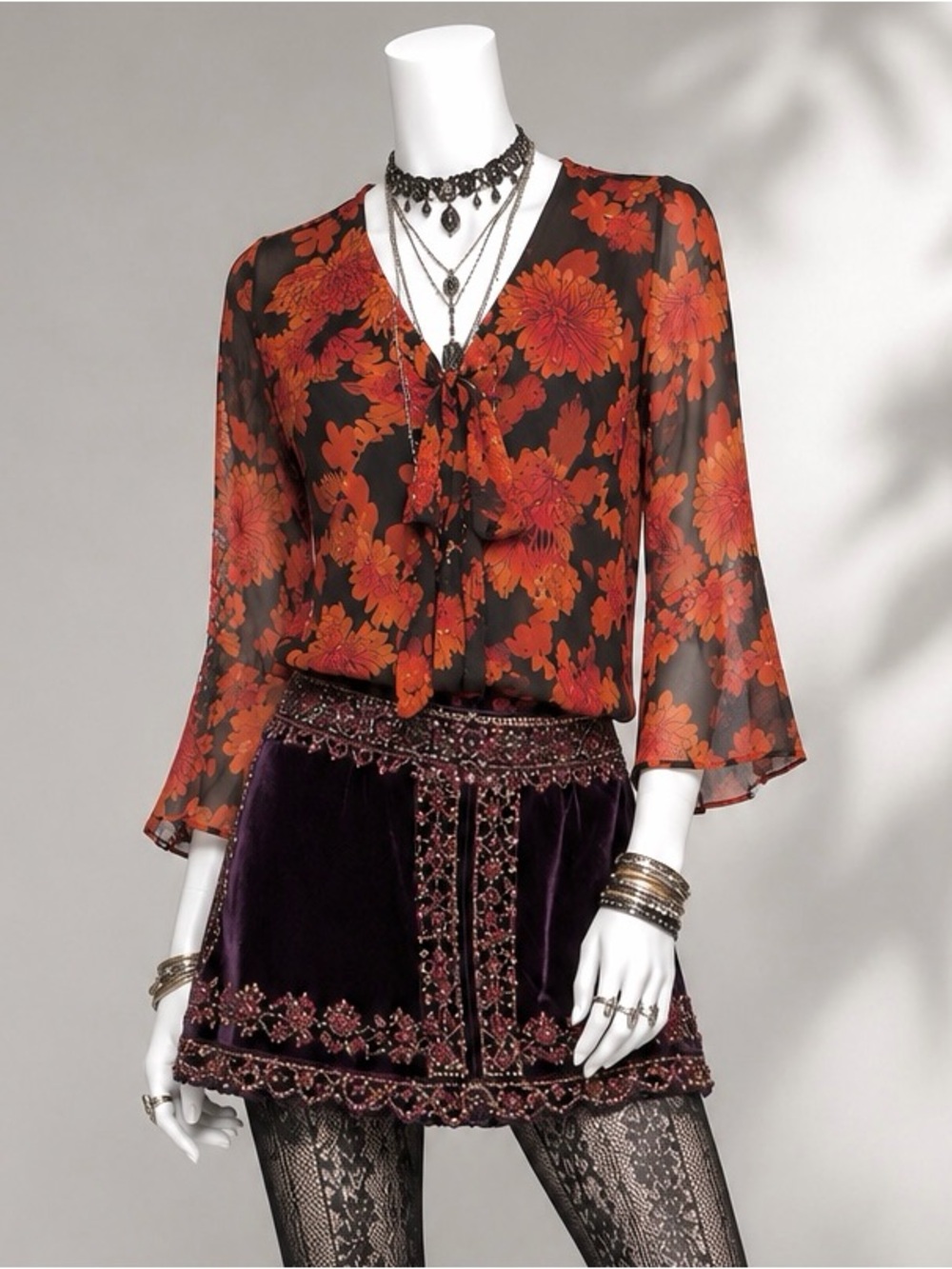 Vintage Y2K Whimsigoth Silk Fairy Top M Orange Brown Floral New York City Design